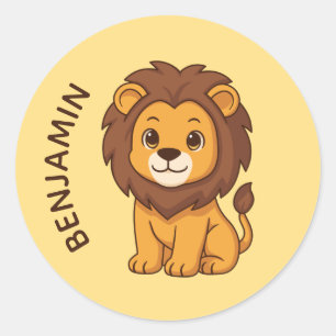 Cute Chubby Lion Yellow Custom Name Classic Round Sticker
