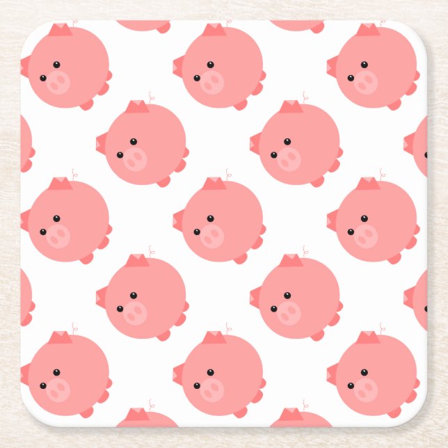 Cute Chubby Pig Party Plates Square Paper Coaster (Front)
