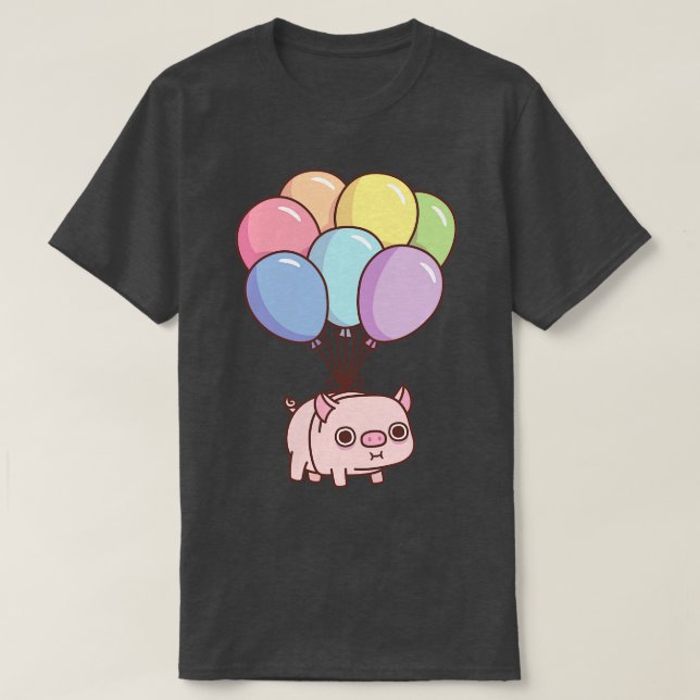 Cute Chubby Pig With Rainbow Balloons T-Shirt (Design Front)