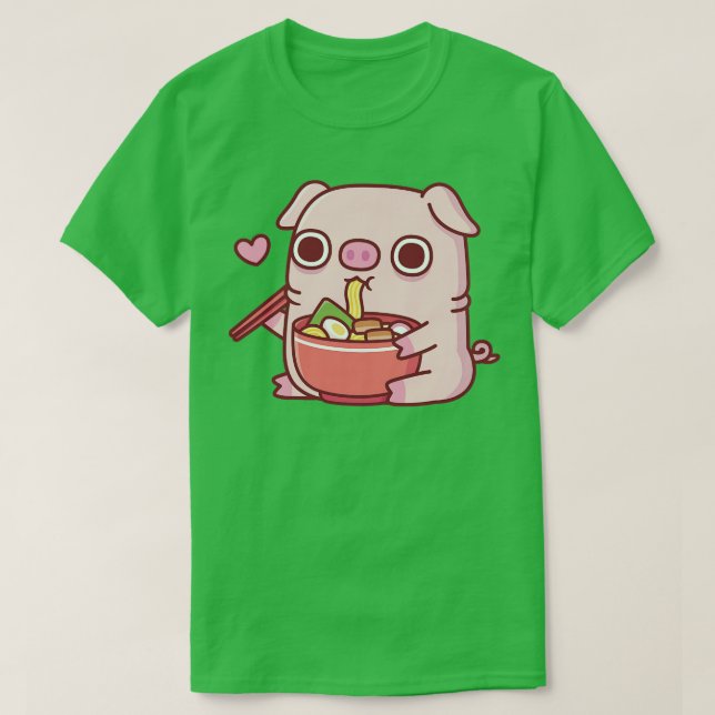 Cute Chubby Piggy Eating Ramen Noodles T-Shirt (Design Front)