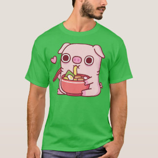 Cute Chubby Piggy Eating Ramen Noodles T-Shirt