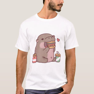 Cute Chubby Pygmy Hippo Loves Eating Burger T-Shirt
