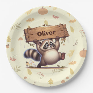 Cute Chubby Racoon with Wooden Name Plate