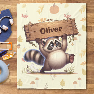 Cute Chubby Racoon with Wooden Name Plate  Fleece Blanket