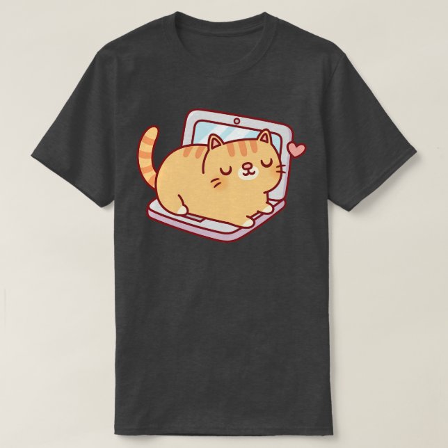 Cute Chubby Tabby Cat Resting On Laptop T-Shirt (Design Front)