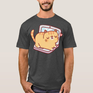 Cute Chubby Tabby Cat Resting On Laptop T-Shirt