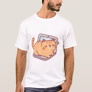 Cute Chubby Tabby Cat Resting On Laptop  T-Shirt