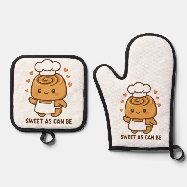 "Cute Cinnamon Roll Chef – Kawaii Baking Design Oven Mitt & Pot Holder Set (Front)