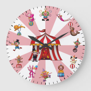 Cute Circus Clowns & Animals Themed Large Clock