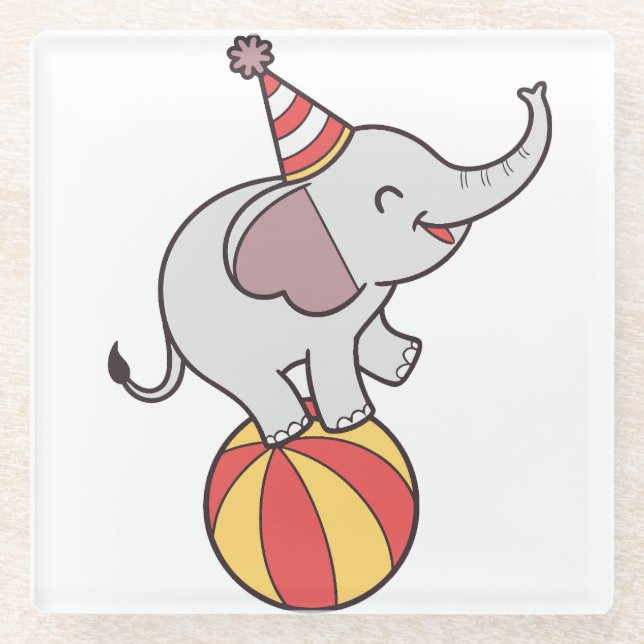 Cute Circus Elephant on Ball – Birthday Party Illu Glass Coaster (Front)