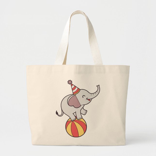 Cute Circus Elephant on Ball – Birthday Party Illu Large Tote Bag (Front)