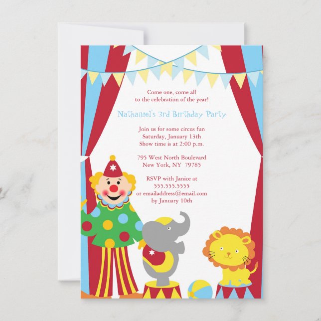 Cute circus theme boy / girl birthday party invite (Front)