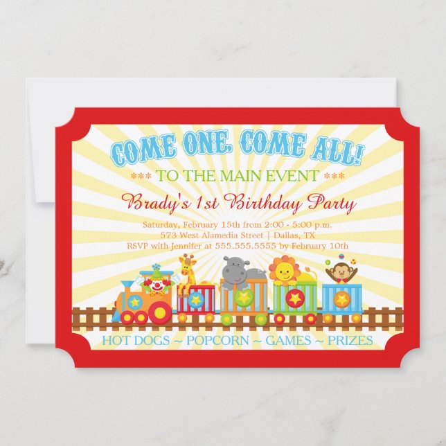 Cute circus train birthday party invitation (Front)