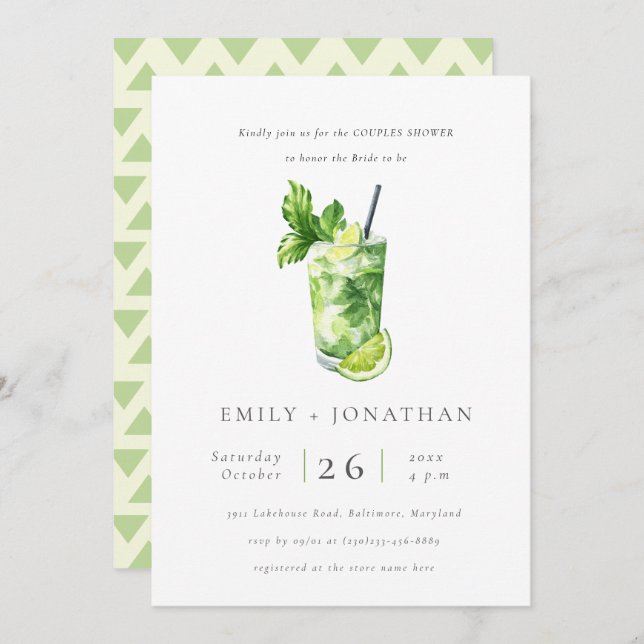 Cute Citrus Mint Cocktail Couples Shower Invite (Front/Back)