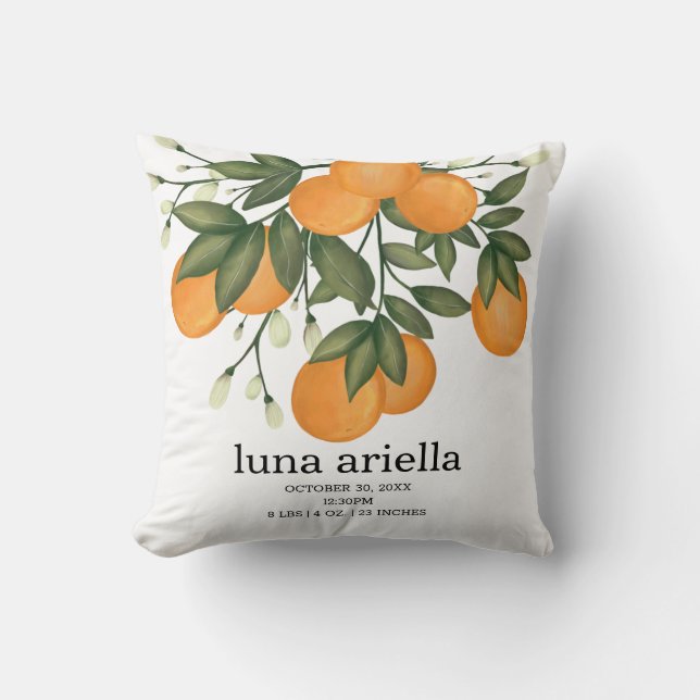 Cute Citrus Orange Greenery Birth Stats Cushion (Front)