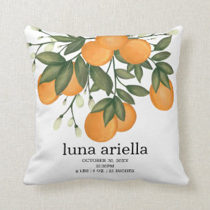 Cute Citrus Orange Greenery Birth Stats Cushion