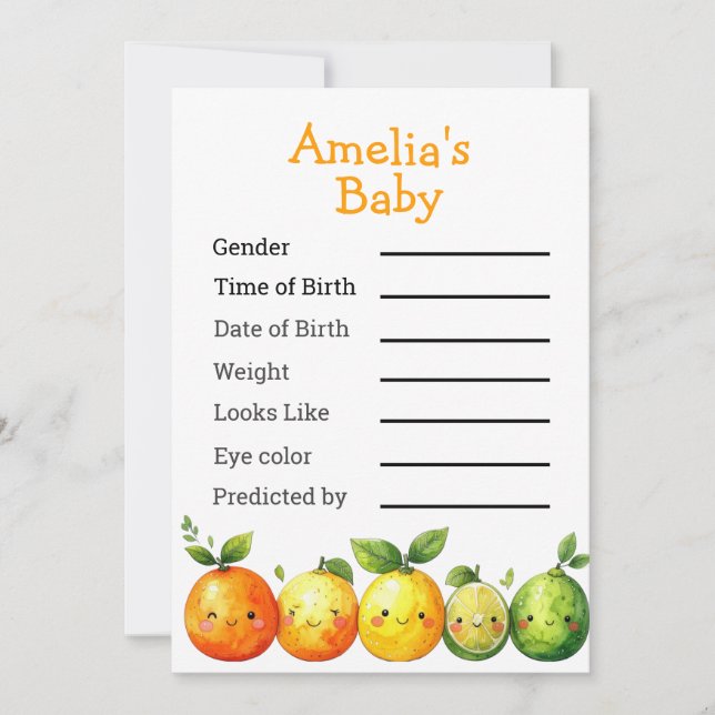 Cute Citrus Shower Predictions Game  Card (Front)