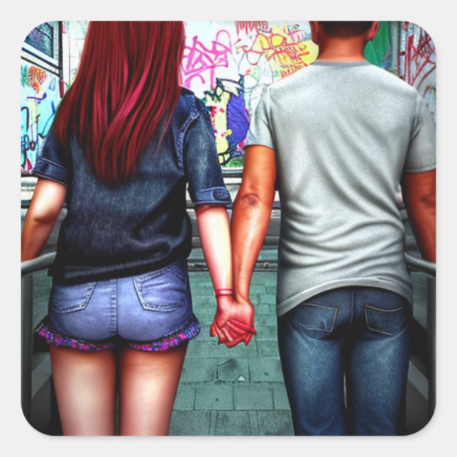 Cute City Couple Holding Hands Urban Art Square Sticker (Front)