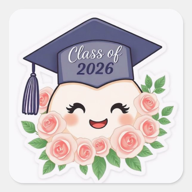 Cute Class of 2026 Graduation Tooth & Roses Square Sticker (Front)
