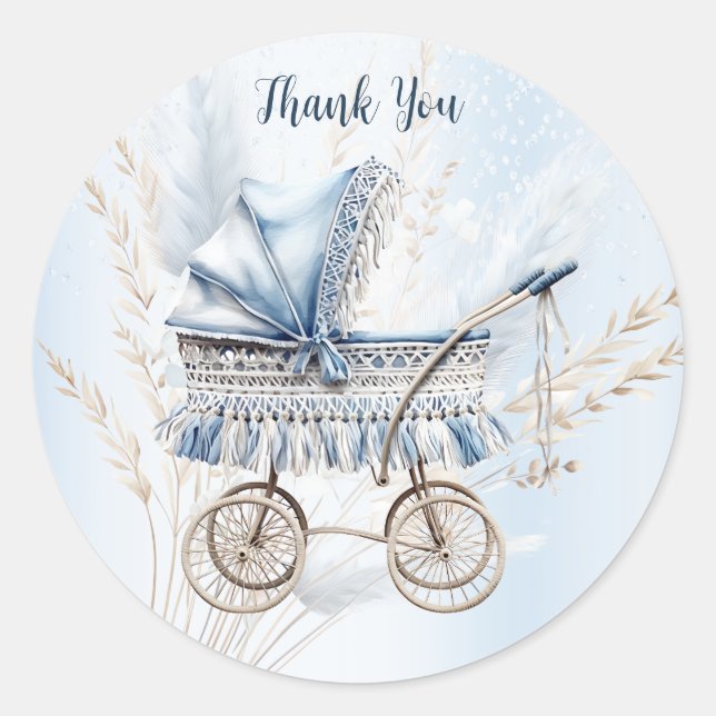 Cute Classic Baby Stroller Blue Floral Beautiful Classic Round Sticker (Front)