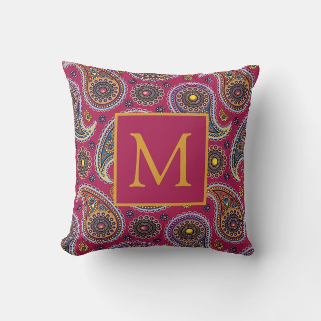 Cute Classic Paisley Red Yellow Monogram  Cushion (Front)