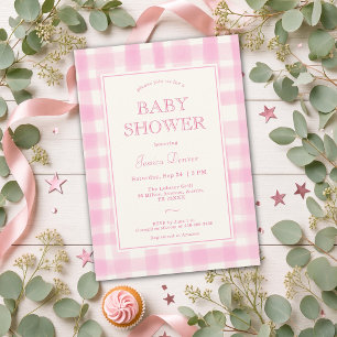 Cute Classic Pink Hand-Drawn Gingham Baby Shower Invitation