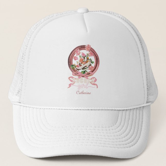 Cute Classic Pink Rococo Girl Roses Bow Shoe Name Trucker Hat (Front)