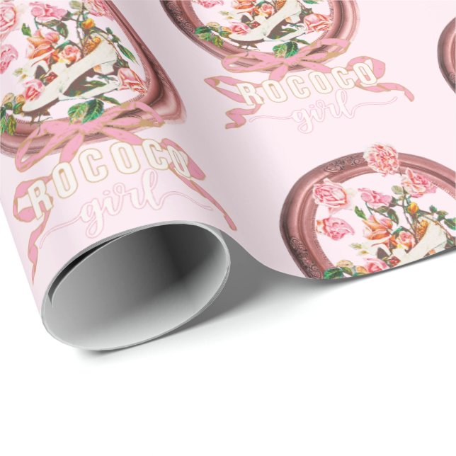 Cute Classic Pink Rococo Girl Roses Bow Shoe Wrapping Paper (Roll Corner)