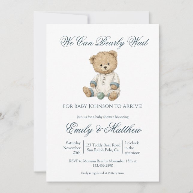 Cute Classic Simple Bear Baby Shower  Invitation (Front)