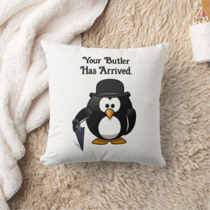 Cute Classy Butler Penguin Cartoon with Umbrella Cushion