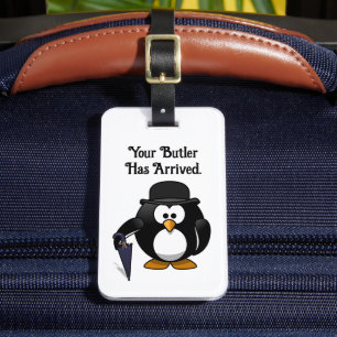 Cute Classy Butler Penguin Cartoon with Umbrella Luggage Tag