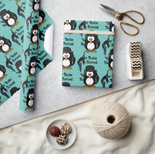 Cute Classy Butler Penguin Cartoon with Umbrella Wrapping Paper