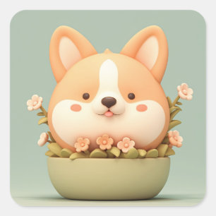 Cute Clay Corgi in Pastel Flower Pot Square Sticker