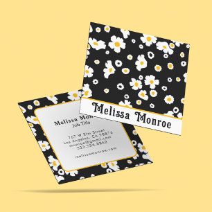 Cute Clean Simple Yellow & White Flowers Black  Square Business Card