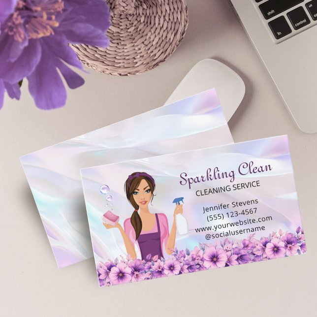 Cute Cleaning Service Maid Floral Business Card (Creator Uploaded)