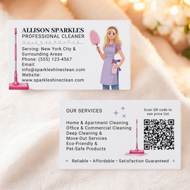 Cute Cleaning Service Maid Illustration Qr Code Business Card (Cute Cleaning Service Maid Illustration Qr Code Business Card)