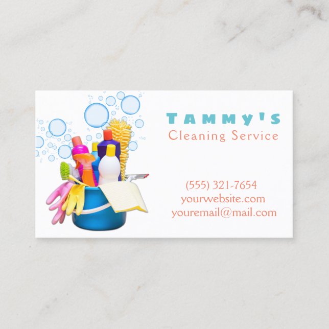 Cute Cleaning Supplies Bucket Bubbles Service Business Card (Front)