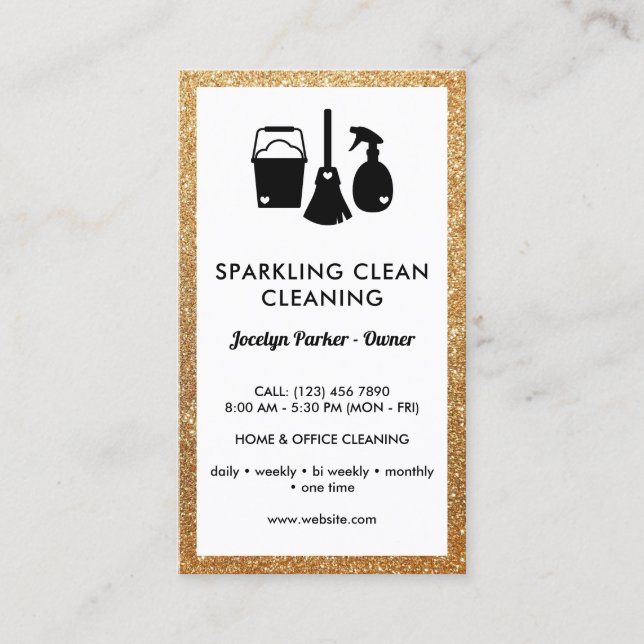 Cute Cleaning Supplies Faux Gold Glitter Cleaner Business Card (Front)