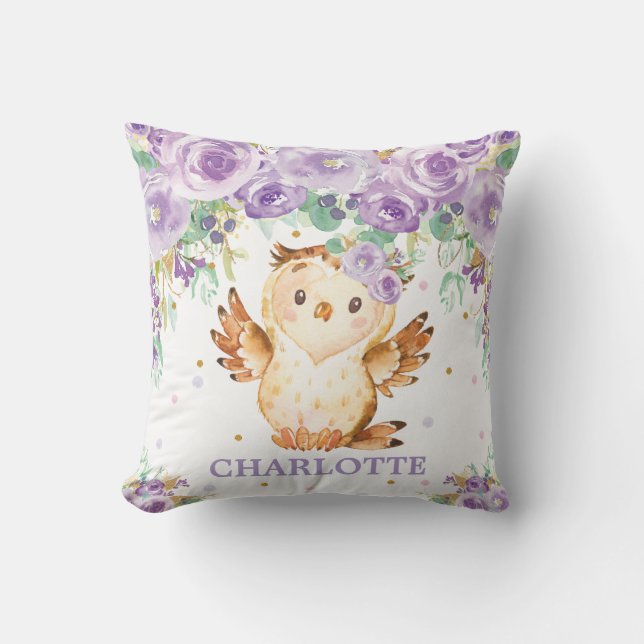 Cute Clever Owl Purple Floral Girl Nursery Cushion (Front)