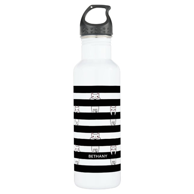 Cute Climbing Cats on Black and White Stripes 710 Ml Water Bottle (Front)