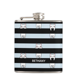 Cute Climbing Cats on Striped Personalised Hip Flask