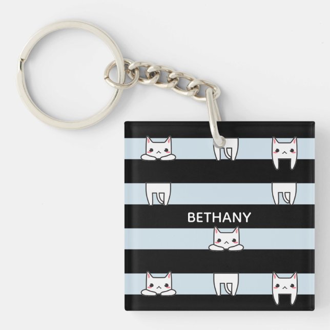 Cute Climbing Cats on Striped Personalised Key Ring (Front)
