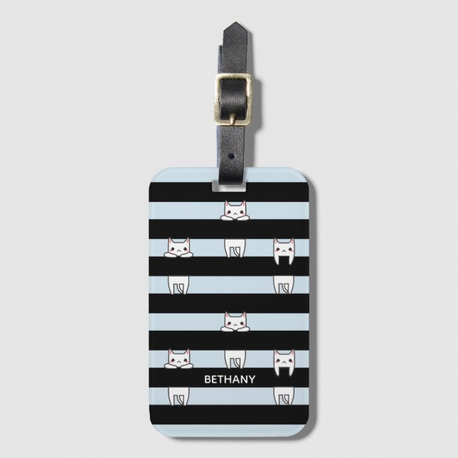 Cute Climbing Cats on Striped Personalised Luggage Tag (Front Vertical)