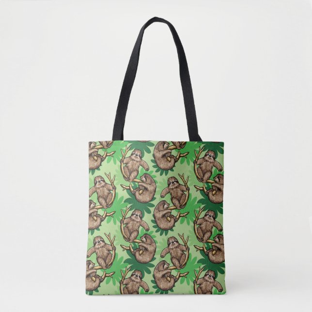 Cute Climbing Sloth Pattern Green Tote Bag (Front)