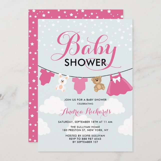 Cute Clothes Line Pink It's a Girl Baby Shower Invitation (Front/Back)