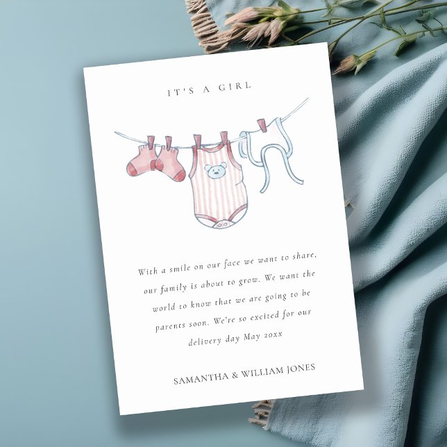 Cute Clothesline Pink Blush Girl Baby Announcement (Creator Uploaded)