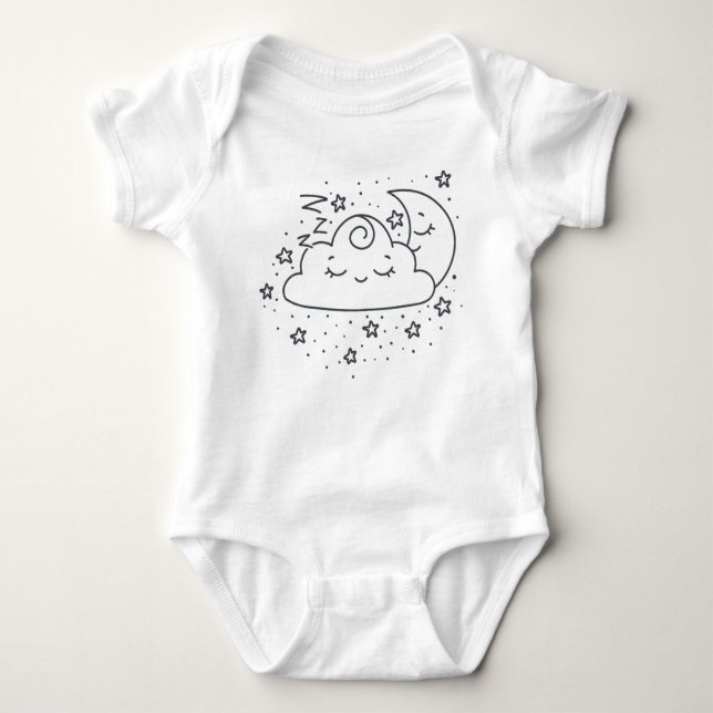Cute Cloud Moon and Stars Illustration Baby Bodysuit (Front)