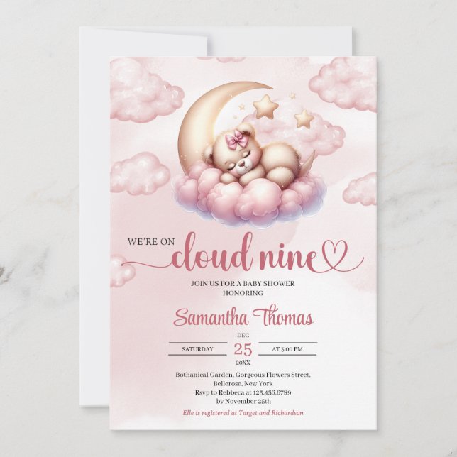 Cute Cloud Nine teddy bear sleeping over the moon  Invitation (Front)