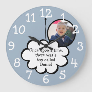 Cute Cloud on a String Personalised Photo Blue Large Clock