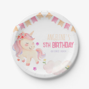 Cute Cloud Pink Unicorn Colourful Girl Birthday Paper Plate